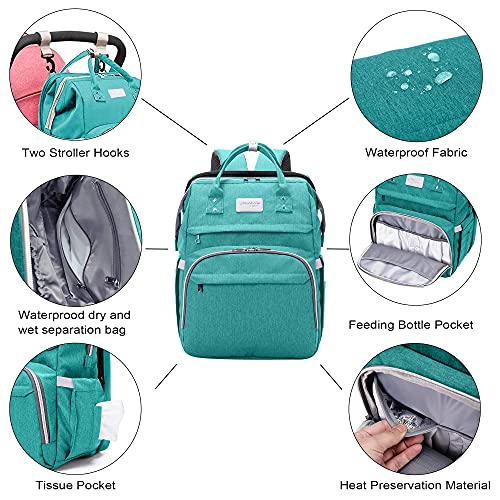 SNDMOR-Mochila para pañales de bebé de gran capacidad, para cuna de viaje, plegable, organizador de mochila para pañales de cuna multifuncional con cambiador de pañales（color cian）