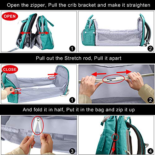 SNDMOR-Mochila para pañales de bebé de gran capacidad, para cuna de viaje, plegable, organizador de mochila para pañales de cuna multifuncional con cambiador de pañales（color cian）