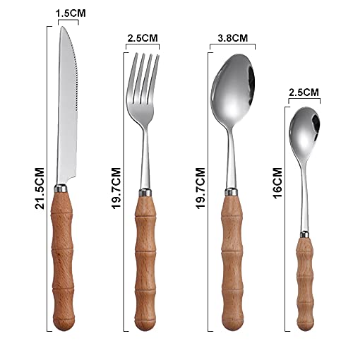 SNOWINSPRING LLFfel - Juego de cubiertos de madera de bambú (12 unidades, acero inoxidable, mango de madera)