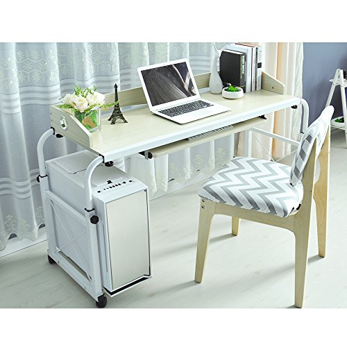 sogesfurniture Mesa de Ordenador Portatil con Ruedas, Altura Ajustable, 120 cm Mesa Escritorio de la Computadora con Bandeja de Teclado para Sofá Cama, Arce Blanco