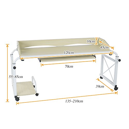 sogesfurniture Mesa de Ordenador Portatil con Ruedas, Altura Ajustable, 120 cm Mesa Escritorio de la Computadora con Bandeja de Teclado para Sofá Cama, Arce Blanco