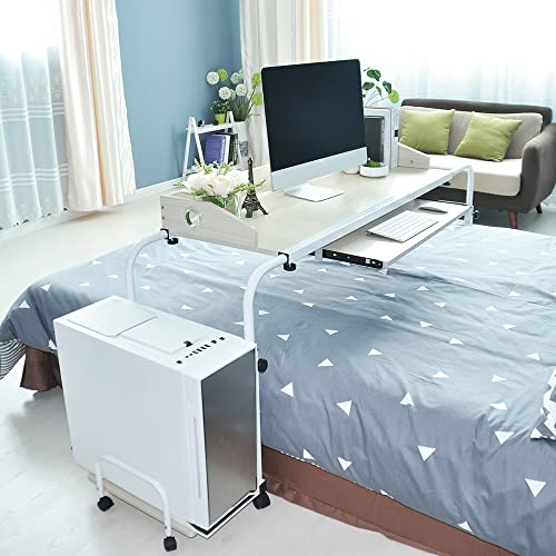 sogesfurniture Mesa de Ordenador Portatil con Ruedas, Altura Ajustable, 120 cm Mesa Escritorio de la Computadora con Bandeja de Teclado para Sofá Cama, Arce Blanco