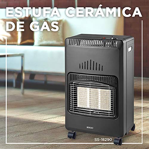 SOGO CAL-SS-18290 - Estufa de Cerámica Gas Butano, Plegable Para Almacenamiento,3 Potencias, Bombonas de 13 Kg, Triple Sistema de Seguridad, 5 Ruedas, 4200 W