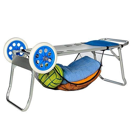 SOLENNY KHU010 - Carro Portasillas Playa Plegable Convertible en Mesa Aluminio Inoxidable y Textilene Azul con Ruedas, Red y Bolsillo Para un Máximo de 5 Sillas