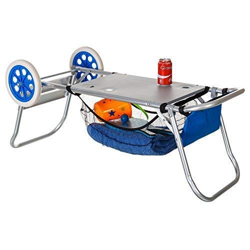 SOLENNY KHU010 - Carro Portasillas Playa Plegable Convertible en Mesa Aluminio Inoxidable y Textilene Azul con Ruedas, Red y Bolsillo Para un Máximo de 5 Sillas