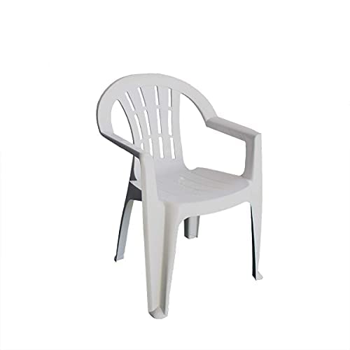 Solycarpa Pack 4 Silla de Plástico Apilable Blanca con Reposabrazos para Jardín, Terraza y Playa. Silla Ergonómica de PVC, Cómoda, Resistente, Fácil de Transportar y Apilar para Catering.