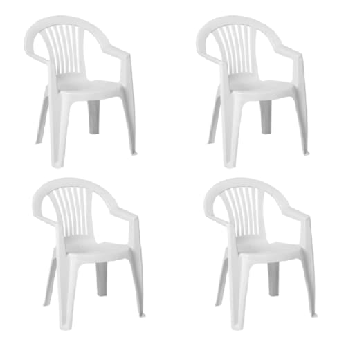 Solycarpa Pack 4 Silla de Plástico Apilable Blanca con Reposabrazos para Jardín, Terraza y Playa. Silla Ergonómica de PVC, Cómoda, Resistente, Fácil de Transportar y Apilar para Catering.