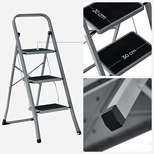 SONGMICS Escalera de 3 Peldaños, Escalera Plegable, Anchura del Peldaño 20 cm, Goma Antideslizante, con Asa, Carga de 150 kg, Acero, Probado por SGS, Gris y Negro GSL003GY01