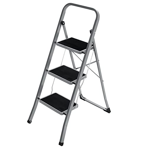 SONGMICS Escalera de 3 Peldaños, Escalera Plegable, Anchura del Peldaño 20 cm, Goma Antideslizante, con Asa, Carga de 150 kg, Acero, Probado por SGS, Gris y Negro GSL003GY01