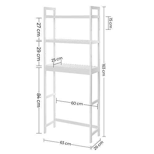 SONGMICS Estante Encima del Inodoro con 3 Estantes, Estante de Baño de Bambú, Estantes Ajustables, Capacidad de Carga 15 kg por Estante, Fácil de Montar, Blanco BTS01WT