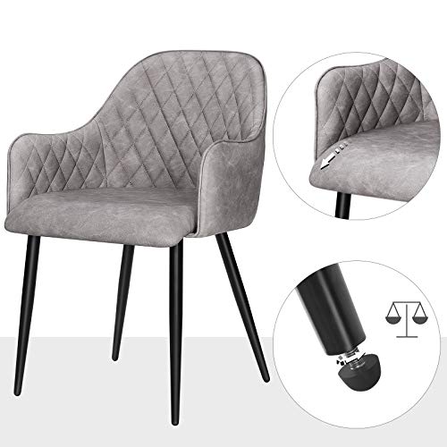 SONGMICS Juego de 2 Silla de Comedor, Silla con Reposabrazos, Sillón Tapizado de PU con Efecto Vintage, Capacidad de Carga de 110 kg, para Comedor, Dormitorio, Gris LDC085G02