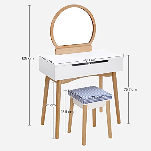 SONGMICS Juego de Tocador con Espejo, Mesa de Maquillaje Moderna con Taburete Acolchado y 2 Grandes Cajones Deslizantes, 80 x 40 x 128 cm, Blanco y Natural RDT11K