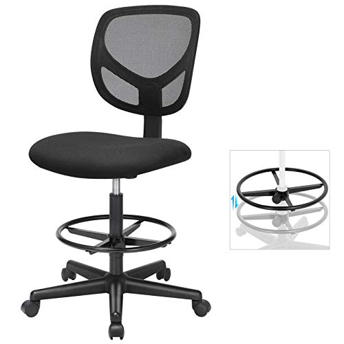 SONGMICS Silla de Malla Giratoria, Altura y Reposapiés Regulables, Silla de Dibujo Ergonómica, Silla de Oficina sin Apoyabrazos, Asiento de Tela, Carga máxima de 120 kg, Negro, OBN15BK