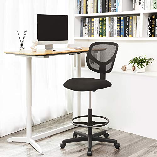 SONGMICS Silla de Malla Giratoria, Altura y Reposapiés Regulables, Silla de Dibujo Ergonómica, Silla de Oficina sin Apoyabrazos, Asiento de Tela, Carga máxima de 120 kg, Negro, OBN15BK