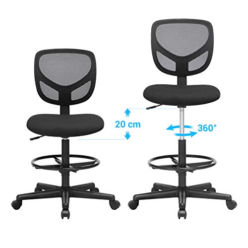 SONGMICS Silla de Malla Giratoria, Altura y Reposapiés Regulables, Silla de Dibujo Ergonómica, Silla de Oficina sin Apoyabrazos, Asiento de Tela, Carga máxima de 120 kg, Negro, OBN15BK