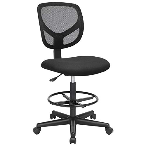 SONGMICS Silla de Malla Giratoria, Altura y Reposapiés Regulables, Silla de Dibujo Ergonómica, Silla de Oficina sin Apoyabrazos, Asiento de Tela, Carga máxima de 120 kg, Negro, OBN15BK