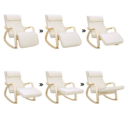 SONGMICS Silla Mecedora con Apoyabrazos de Madera de Abedul, Silla Mecedora con Reposapiés Ajustable en 5 Posiciones, Capacidad de Carga Máxima 150 kg, Dormitorio, Salón, Beige LYY10M