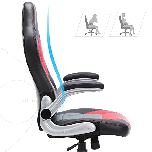 SONGMICS Silla Racing, Silla de Oficina Alta, con Altura Ajustable, Apoyabrazos Abatibles, Mecanismo de Inclinación, Silla para Juegos, Negro, Gris y Rojo OBG28BR