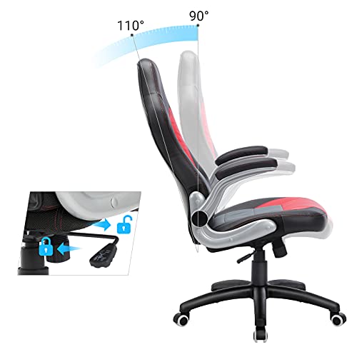 SONGMICS Silla Racing, Silla de Oficina Alta, con Altura Ajustable, Apoyabrazos Abatibles, Mecanismo de Inclinación, Silla para Juegos, Negro, Gris y Rojo OBG28BR