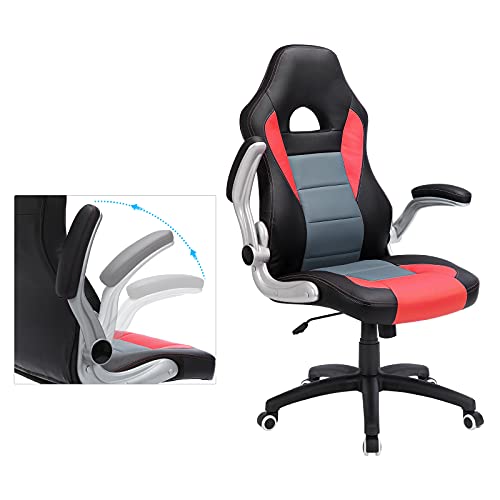 SONGMICS Silla Racing, Silla de Oficina Alta, con Altura Ajustable, Apoyabrazos Abatibles, Mecanismo de Inclinación, Silla para Juegos, Negro, Gris y Rojo OBG28BR