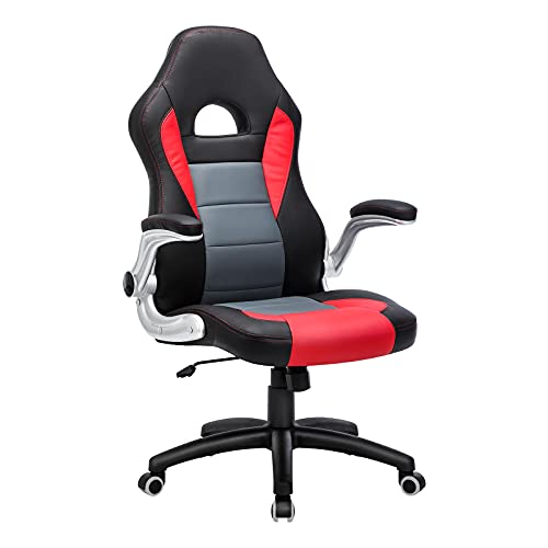 SONGMICS Silla Racing, Silla de Oficina Alta, con Altura Ajustable, Apoyabrazos Abatibles, Mecanismo de Inclinación, Silla para Juegos, Negro, Gris y Rojo OBG28BR