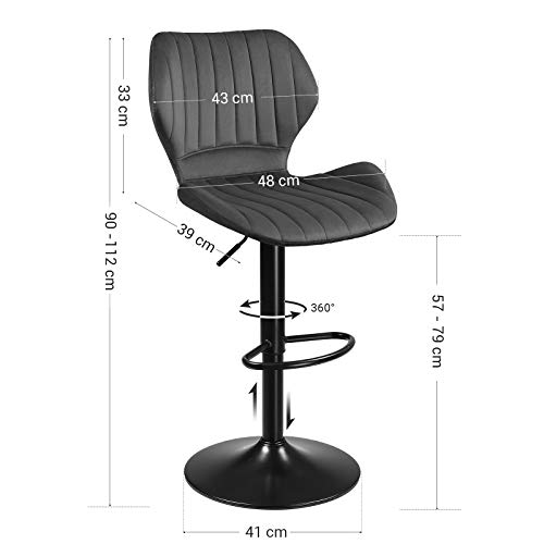 SONGMICS Taburete de Bar, Juego de 2 Sillas de Cocina con Marco de Metal Macizo, Cubierta de Terciopelo, Reposapiés, Altura de Asiento Ajustable, Fácil Montaje, Retro, Gris Oscuro (LJB070G01)