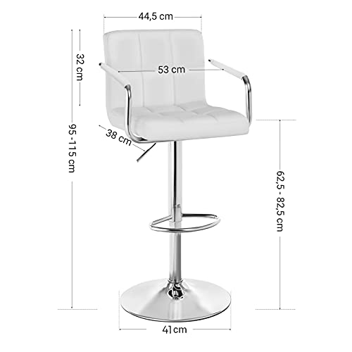 Songmics Taburete de Bar Regulable en Altura y Giratorio Cromado en Cuero Sintético, Blanco