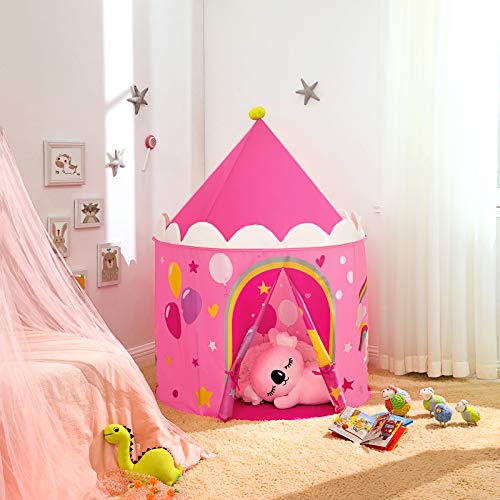 SONGMICS Tienda para Niños, Carpa Infantil, Castillo de la Princesa, Pop Up, Regalo para Niños, para Interior y Exterior, Bolsa de Transporte, Rosa y Amarillo , Navidad, LPT04PY