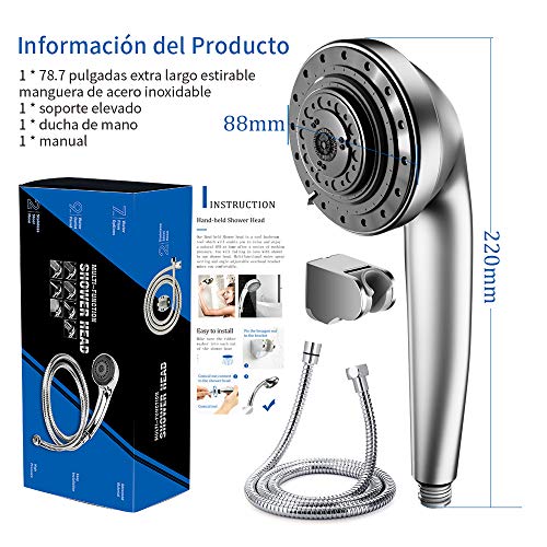 SOONAN Alcachofa de Ducha con Alta Presión 7 Modos de Chorro de Agua Universal Cabezal de Ducha con el Tubo Flexible 2M de Acero Inoxidable