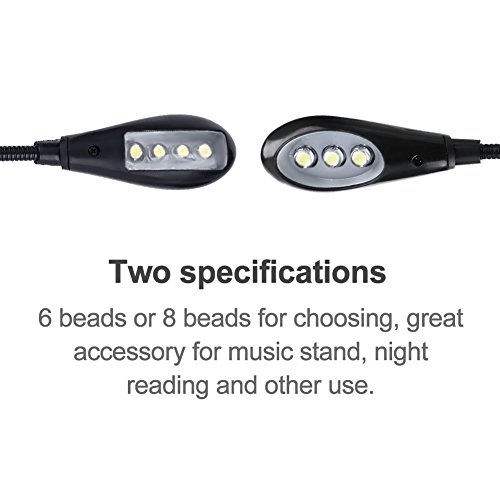 Soporte de Música de Luz LED, Mini Brazos Dobles Clip en Ligero Ajustable Lectura Luz 6 Beads / 8 Beads con Cable USB Lámpara para E-Reader Libro y Cabecero de Cama(6 Cuentas)