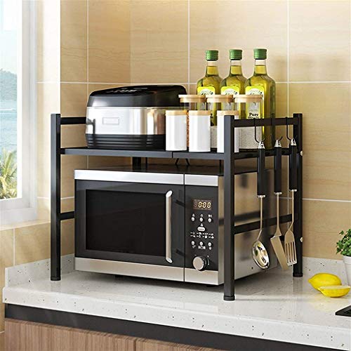 Soporte para Microondas 2 Niveles, Rejilla Microondas Horno Universal, Soporte Microondas Encimera, Estante Organizador Cocina, Carga 50kg / 110lbs, con 3 Ganchos, 10cm de Altura Ajustable, Negro