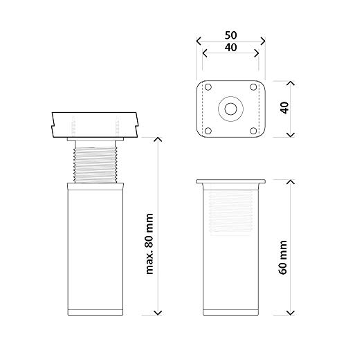 sossai® Patas para muebles MFV1 | 4 piezas | altura regulable | Diseño: Alu | Altura: 60 mm (+20mm) | Perfil cuadrado: 40 x 40 mm |Tornillos incluidos