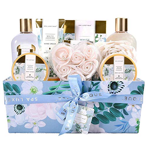 Spa Luxetique Cesta de Regalo para Mujer, Set de Spa para Hogar, Set de Baño y Ducha a Jazmín Blanco, Regalo Original con 12 Piezas, Incluye Gel de Ducha, Aceite Esencial