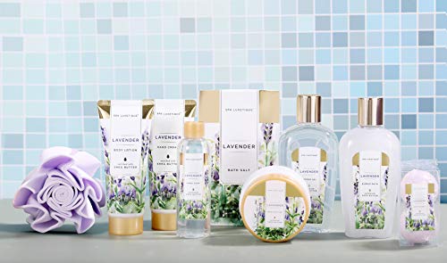 Spa Luxetique Set de Regalo de Baño con Bolso, Set de Baño y Ducha a Lavanda de 10 Piezas, Incluye Gel de Ducha, Loción Corporal, Bombas de Baño, Sales de Baño, Regalos Originales para Mujer