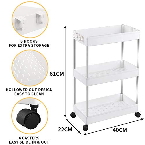 SPACEKEEPER Carro de Almacenamiento de 3 Niveles, estantería móvil, Carro de Utilidad Deslizante, Multiusos para baño, lavandería, Dormitorio, Oficina, Lugares Estrechos, Blanco