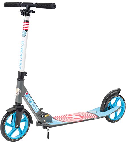 STAR SCOOTER Patinete Patineta Scooter Plegable XXL para niños y niñas a Partir de 6-7 años y Adultos para Ciudad | 205 mm Edición mas Ancha, con más Espacio para los pies | Gris & Azul