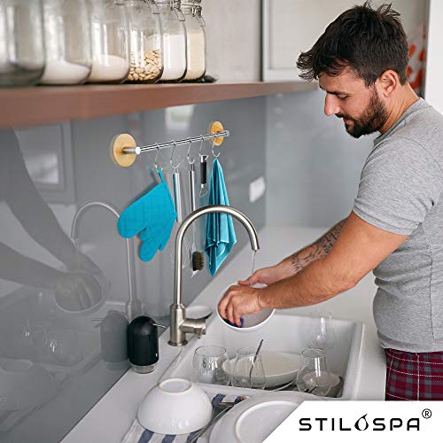 STILOSPA Toallero de bambú sin taladrar - Barra Extensible para baño y Cocina - Towel Holder con 5 Ganchos - De Acero Inoxidable