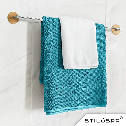 STILOSPA Toallero de bambú sin taladrar - Barra Extensible para baño y Cocina - Towel Holder con 5 Ganchos - De Acero Inoxidable