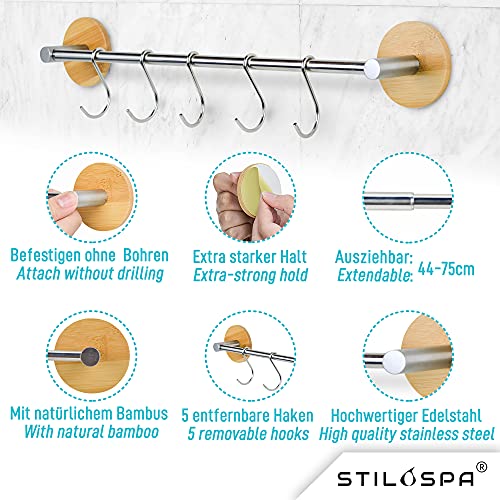 STILOSPA Toallero de bambú sin taladrar - Barra Extensible para baño y Cocina - Towel Holder con 5 Ganchos - De Acero Inoxidable