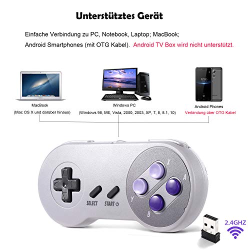 suily Controlador inalámbrico 2,4 G para Classic SNES NES, USB recargable, para PC, Raspberry Pi (sistema operativo, Windows, Linux, Android), 2 unidades