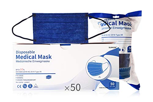 SUMGER Mascarilla Quirúrgica Desechable Homologada, 50 Unidades, Color Azul Marino, CE BFE ≥98%, EN 14683:2019+AC:2019 Type IIR