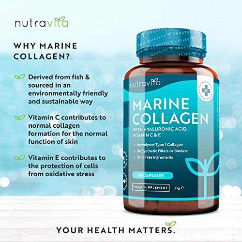 Super Fuerza Colágeno Marino Dosis Alta 1000 mg, Ácido Hialurónico, Vitamina C y E | 90 cápsulas | Biodisponibilidad superior | fabricado por Nutravita