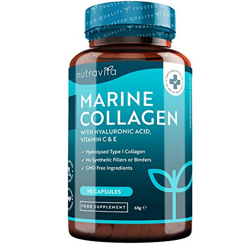 Super Fuerza Colágeno Marino Dosis Alta 1000 mg, Ácido Hialurónico, Vitamina C y E | 90 cápsulas | Biodisponibilidad superior | fabricado por Nutravita