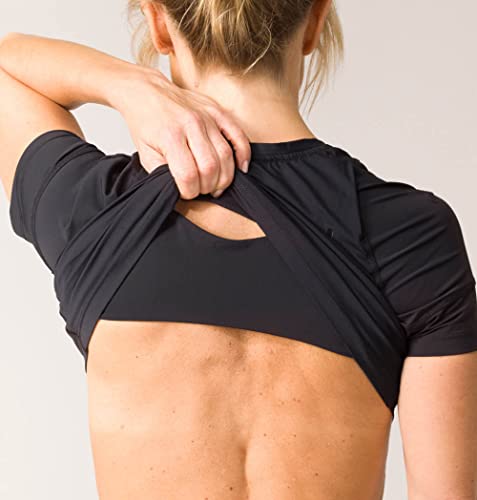 Swedish Posture® Reminder - Camiseta para mejorar la postura corporal, menos dolor de espalda y hombros, cómoda, para fisioterapia, contra artrosis e impingement (mujer negra, S)