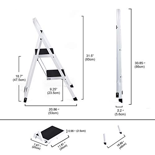 Switory Escalera Plegable de 2 peldaños Resistente Antideslizante Pedal Robusto y Ancho Carga máxima 300 LB con empuñadura práctica Taburete de Acero portátil con escalones Blanco y Negro