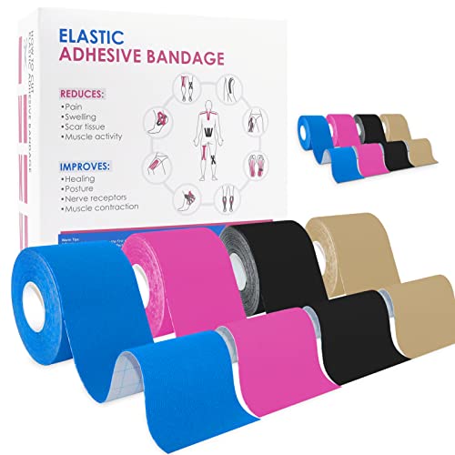 SYUTN 4pcs Cinta de Kinesiología 5 CM* 5M, Elástica Cinta Kinesiologica para Deporte, Cinta Muscular Adhesiva, Kinesiotape Vendaje Neuromuscular Ideal para Rodilla, Hombro y Codo