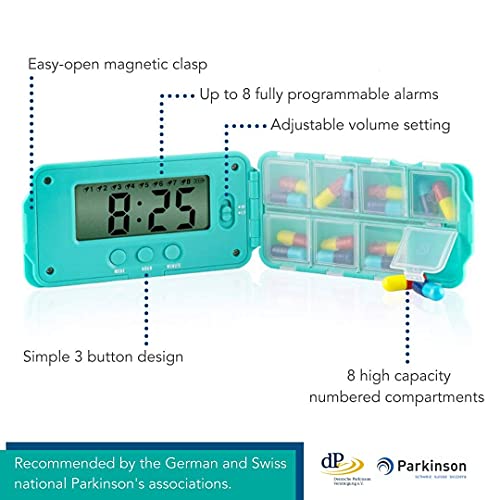 TabTime Super 8 (instrucciones en español), Dispensador de pastillas electrónico, hasta 8 alarmas audiovisuales al día. Herramienta imprescindible para las personas con Parkinson