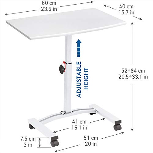 Tatkraft Cheer Mesa para Ordenador Portátil, Altura Ajustable, 52-84 cm, 4 Ruedas (con Dispositivo de Bloqueo), Blanco