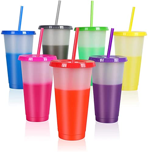 Taza que Cambia de Color - 7 PCS a Prueba de Fugas Plástico Vaso Taza de café reutilizable con Tapas y pajita Tazas de viaje sin BPA - 24oz | 710ml taza de bebida para Niños & Adultos