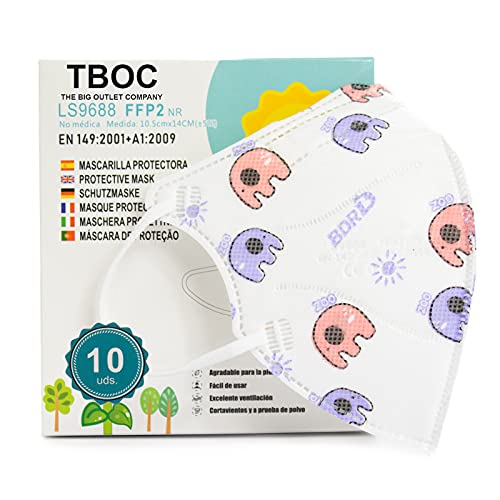 TBOC Mascarillas FFP2 [Pack 10 Unidades] Máscaras [Talla Pequeña] Desechables [Elefantes Zoo] 5 Capas [No Reutilizables] Transpirables Plegables con Pinza Nasal [Certificadas y Homologadas]